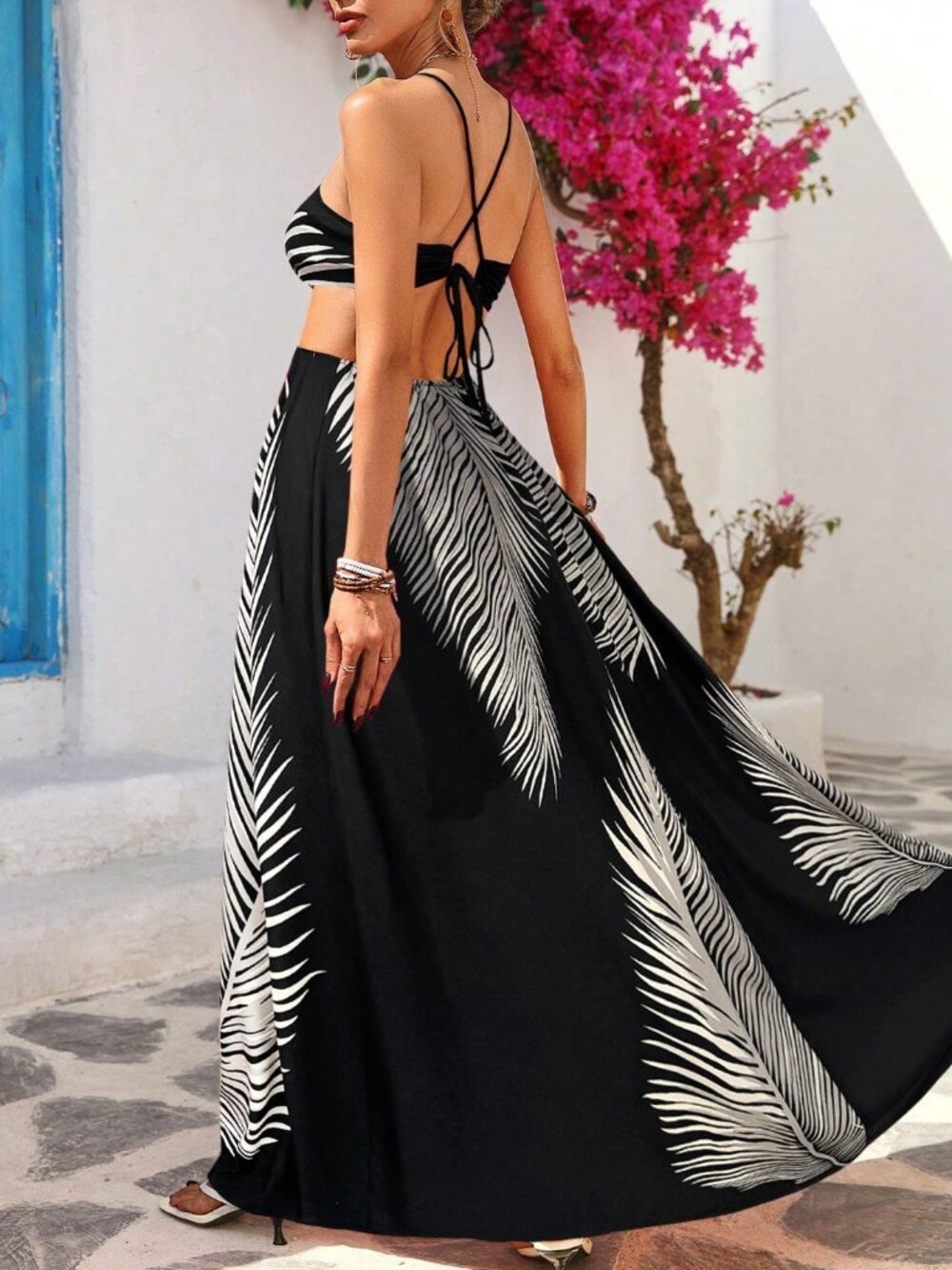 Multicolor Boho Women's Maxi Dress with Hollow Back and Hanging Neck - Picture 2 of 5